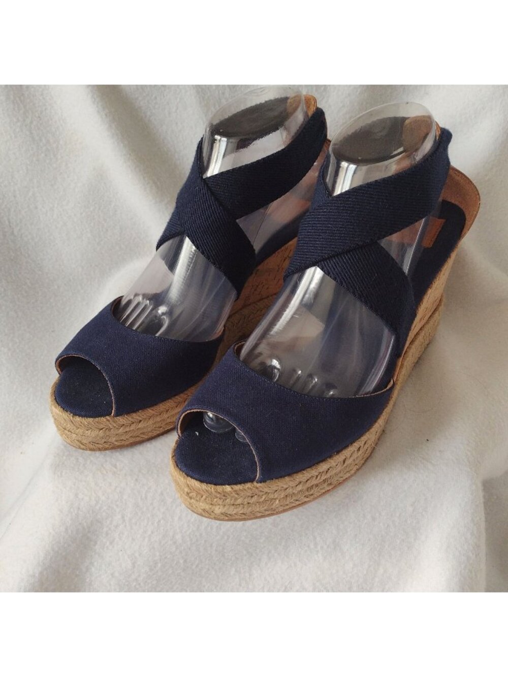 Tory Burch Natanya Wedge Espadrilles 9 Navy Blue Sandals w Elastic Ankle Straps